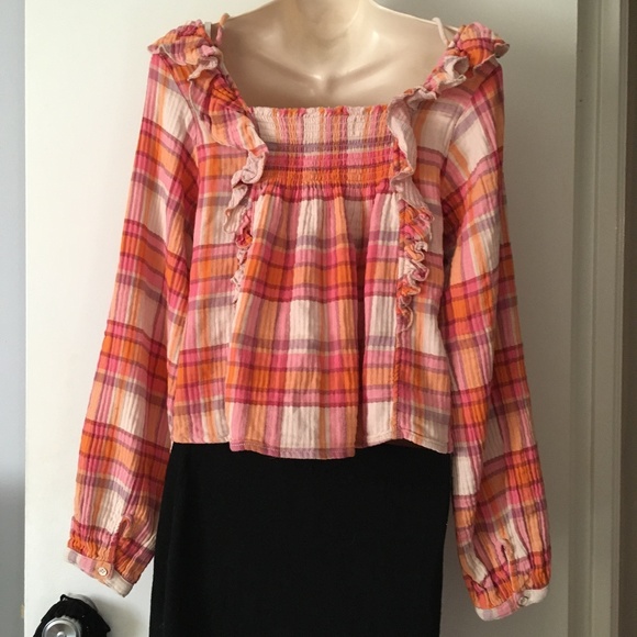 FREE PEOPLE Siena Plaid Pullover Cotton Smocked Ruffle Blouse S - Picture 6 of 9